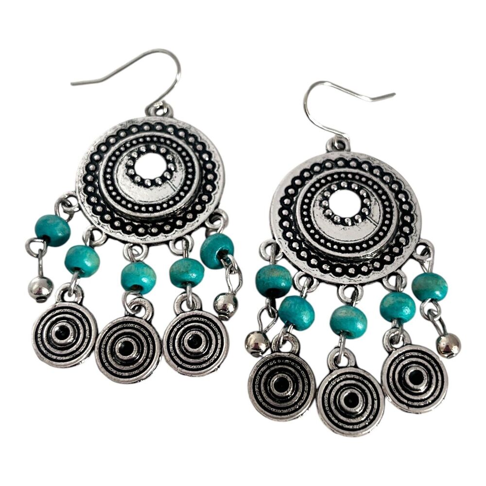 New Chandelier Earrings Antique Silver Tone Turquoise Wood - 13F